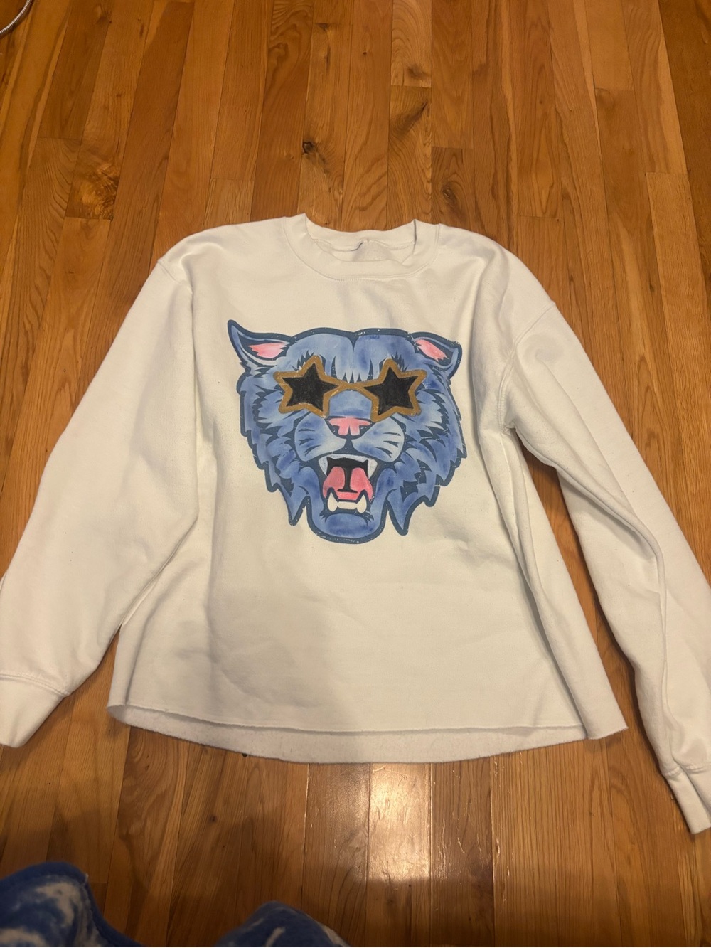 Women's White Crewneck Sweatshirt with Blue Panther Graphic